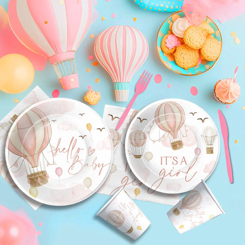 Pink Hot Air Balloon Baby Shower Tableware Set Disposable For Girly Baby Shower Decor Includes Plates Cups Napkins And Cutlery