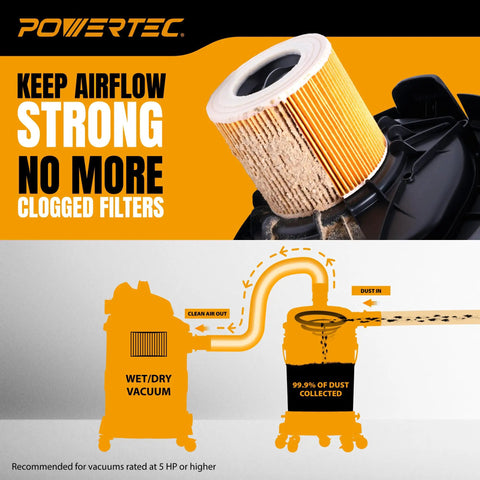 Diagram showing air path through Low Profile Cyclone Dust Separator Kit for Shop Vac and Dust Collectors with text on efficiency.