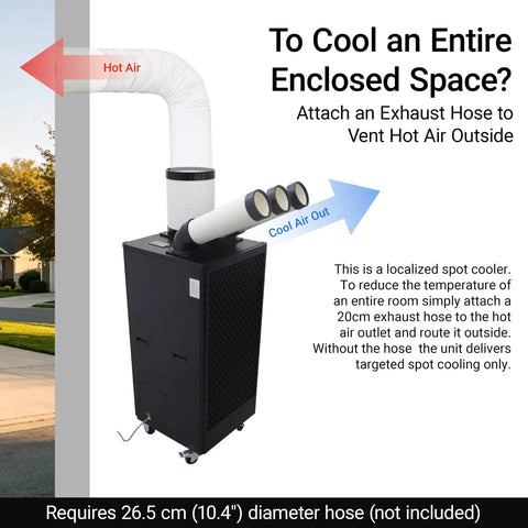 Heavy-Duty 22500 BTU Portable AC Cooler For Shops Garages And Warehouses Kicks Heat Out Fast with venting hose for hot air outside.