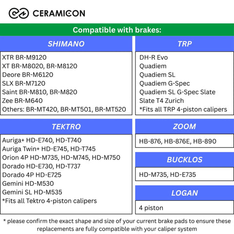 Compatibility chart for Heavy-Duty 4-Piston E-Bike Brake Pads With Metallic Ceramic Compound for Shimano, TRP, Tektro, Zoom, Bucklos, Logan.