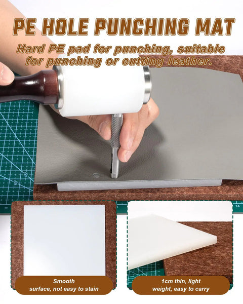 5 Piece Leather Punch Pad Set With A4 A5 Self Healing Cutting Mats 15x15cm Rubber And PP Punch Pads shown during use