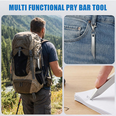 8 Piece Stainless Steel EDC Pry Bar Set For Everyday Carry shown in practical use and pocket attachment.