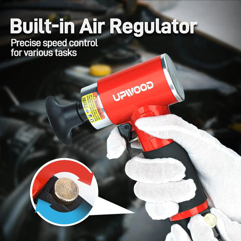 Workhorse 3 Inch Air Sander And Angle Grinder With Roll Lock Wheel Set, showing built-in air regulator and speed control