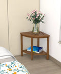 Bamboo Corner Shower Stool With Waterproof Bench And Storage Shelf No Fuss Walnut Finish Ideal Seat For Shaving Legs Bathroom and Shower Organization No Slip Compact Corner Chair used as a table with flowers and books