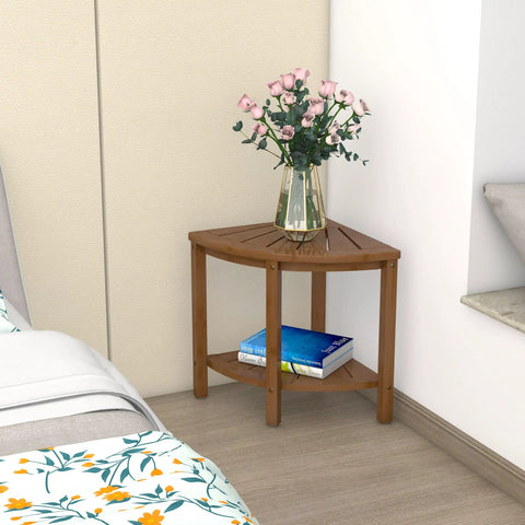 Bamboo Corner Shower Stool With Waterproof Bench And Storage Shelf No Fuss Walnut Finish Ideal Seat For Shaving Legs Bathroom and Shower Organization No Slip Compact Corner Chair used as a table with flowers and books