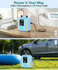 Rechargeable Electric Paddle Board Pump with Auto Off Portable Sup Inflator charging indoors and inflating outdoors with car power.