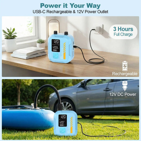 Rechargeable Electric Paddle Board Pump with Auto Off Portable Sup Inflator charging indoors and inflating outdoors with car power.