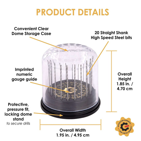 Gyros 20-pc mini twist drill bit set in a clear dome storage case; high-speed steel bits #61–#80