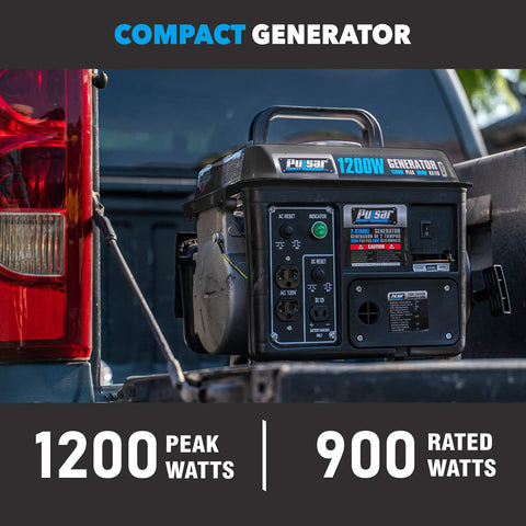 Gas Powered Portable Generator With Carrying Handle 1200W Running Power And 1200 Peak Watts Black And Gray on truck bed