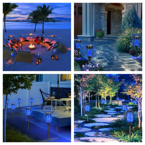 Blue Flickering Flame Solar Torches Lights 4 Pack illuminating beach, garden, patio, and pathway scenes at night.