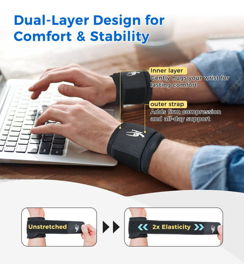 Dual Pack Wrist Compression Straps for Pain Relief and Support in use while typing, highlighting dual-layer design and elasticity.
