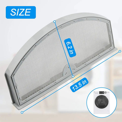 Dryer Lint Screen Replacement Fits GTD Series Models, Easy Install, Durable Mesh, Showing Dimensions and Compatible Dryer