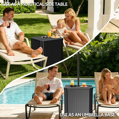 Umbrella Side Table With Hole For Outdoor Use 2 In 1 Table And Stand With Fillable Base Black by pool with people
