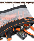 Clear Tool Pouch Set With Zipper, 13 Inch Pouches, Four Pack Quick Access Tool Organizers holding orange and black hand tools.