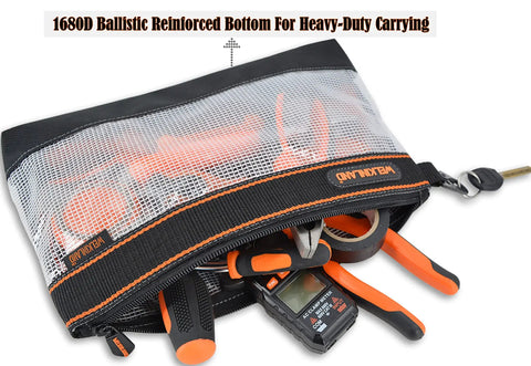 Clear Tool Pouch Set With Zipper, 13 Inch Pouches, Four Pack Quick Access Tool Organizers holding orange and black hand tools.