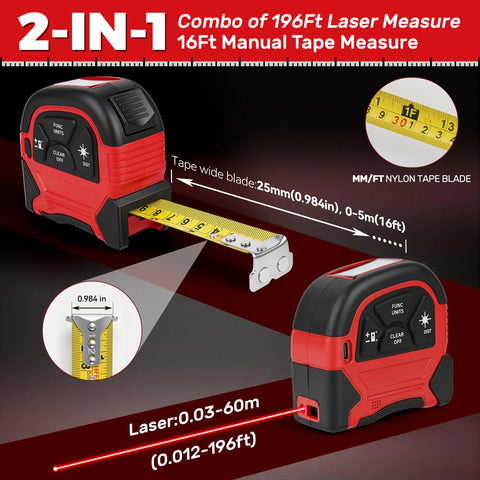 2 In 1 Digital Laser Tape Measure With 196ft Laser Distance And 16ft Manual Tape USB Rechargeable For Long Distance Measuring On Job Sites Home Renovation And Warehouses, red black body