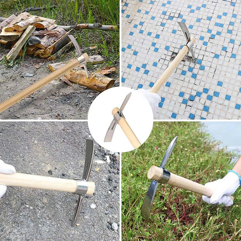 Heavy Duty Stainless Steel Double Headed Pickaxe With Wooden Handle For Garden And Landscaping shown in various uses
