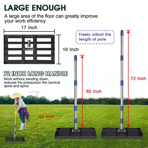 Heavy Duty Stainless Steel Lawn Leveling Rake With Adjustable 5 Foot Handle features 72-inch adjustable handle for soil grading.
