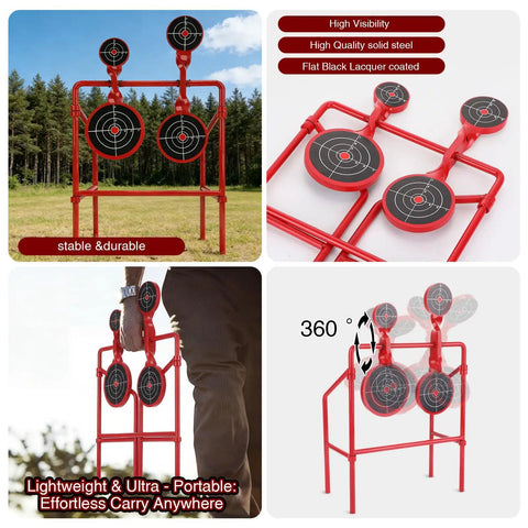 Double Spinner Shooting Targets Three Eighths Inch Thick Steel Auto Reset Target System With Four Plate Sizes displayed outdoors