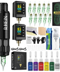 Rotary Tattoo Gun Pen Kit Complete Starter Set With Two Wireless Power Supplies, Ten Sterilized Cartridges, And All Essential Accessories For Beginners And Pros, Portable Power Packs For On The Go Practice displayed with cartridges and accessories.