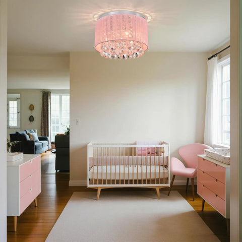 Pink Chandelier Drum Flush Mount Crystal Ceiling Light Fixture With 3 Lights Handmade Cotton Thread For Girl Bedroom Nursery Chic Modern Decor And Glam Lighting With A Lit Vibe For Living Room Or Kids Room Decor