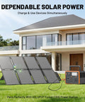 100W Portable Folding Solar Panel Kit for Power Stations and RVs set up in front of a modern house, connected to power station.