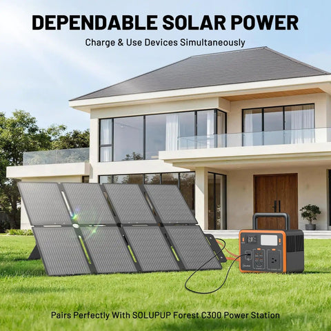 100W Portable Folding Solar Panel Kit for Power Stations and RVs set up in front of a modern house, connected to power station.