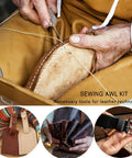 Handy Sewing Awl Kit For Leather Stitching in use, showing hands stitching leather with awl, needles, and thread.