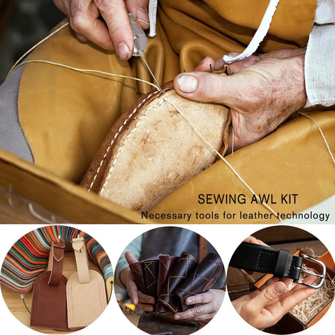 Handy Sewing Awl Kit For Leather Stitching in use, showing hands stitching leather with awl, needles, and thread.