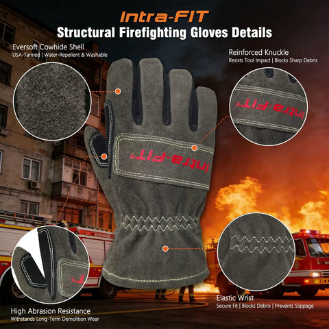 NFPA 1971 Certified Fire Fighter Glove With 2D Curved Fingers showcasing heat resistance and reinforced knuckles for firefighting.