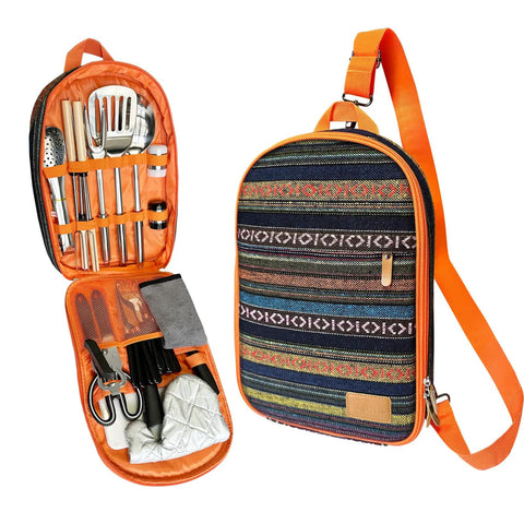 All In One 31 Piece Camping Utensils Set For Outdoor Cooking And Grilling shown with colorful zippered storage bag