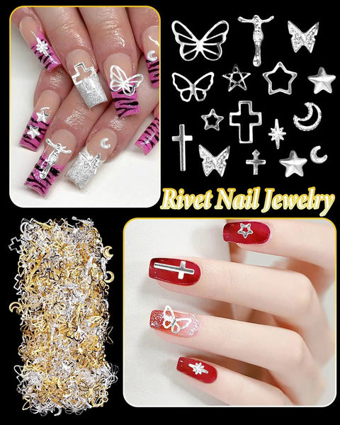 Top Shelf 800 Pieces Silver And Gold Metallic Nail Art Studs Featuring Butterfly Star Moon Heart Cross Charms For DIY Manicure Decor And Lit Fingernail Slay Vibes