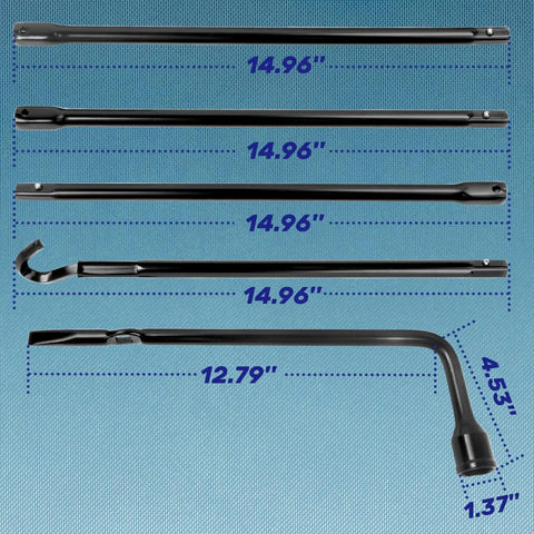 Spare Tire Tool Kit Plus Jack Handle And Wheel Lug Wrench For Ram 1500 showing components with dimensions on blue background.