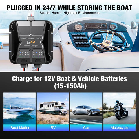 2 Bank Marine Battery Charger 5X2 10A Per Bank 12V Waterproof Onboard Battery Maintainer Desulfator For SLA AGM Lithium LiFePO4 Calcium And Deep Cycle Batteries With Around The Clock Charging Capability