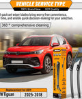 All Season Replacement Wiper Blades For Volkswagen Tiguan 2018 2025 Front 25 Inch And 22 Inch Blades Plus Rear 15 Inch Wiper OEM Quality Pack Of 3 With All Weather Performance And Smooth Quiet Operation displayed next to VW Tiguan