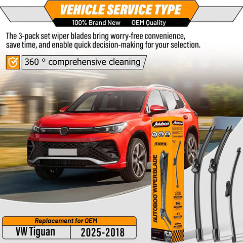All Season Replacement Wiper Blades For Volkswagen Tiguan 2018 2025 Front 25 Inch And 22 Inch Blades Plus Rear 15 Inch Wiper OEM Quality Pack Of 3 With All Weather Performance And Smooth Quiet Operation displayed next to VW Tiguan