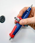 Hand holding a Pen Style Control Cabinet Key With Swivel Four Profile Heads, Eight And One Eighth Inch Long, used on a panel lock.