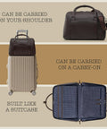 Carry On Ready Duffle Travel Bag With Clamshell Opening, 33 Liter Capacity, on roller luggage, open view, chocolate leather