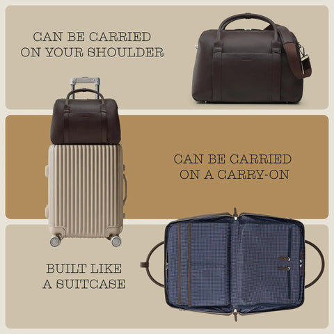 Carry On Ready Duffle Travel Bag With Clamshell Opening, 33 Liter Capacity, on roller luggage, open view, chocolate leather