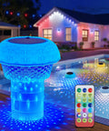 Colorful floating pool lights with connectable LED string lights create nighttime glow over pool; remote included.