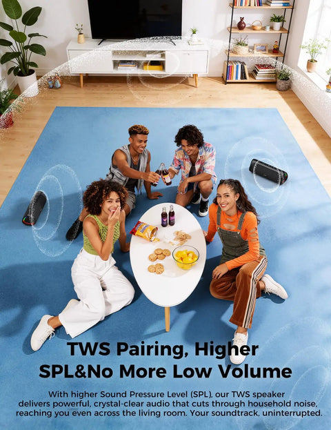 Group enjoying music with Beast Bluetooth Speaker Portable Wireless IPX5 Waterproof With 20 Hour Playtime And TWS Pairing BT5.3