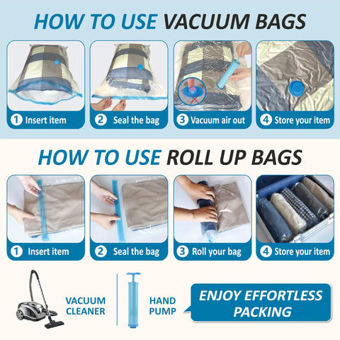Usage steps for Vacuum Storage Bags 80 Percent Compression Space Saver For Clothes, Blankets, Pillows, And Bedding, Easy Sealing Travel Packaging To Slash Closet Clutter And Luggage Fees, 20 Combo Pack