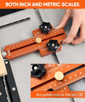 Thin Rip Jig for table saw, orange, dual inch/metric ruler, fits 3/8 x 3/4 in T-slot, with two black knobs.