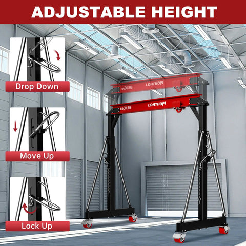 Heavy Duty 3 Ton Gantry Crane 6600 Lbs Heavy Liftin Power With Manual Trolley Hook And Shackles Portable Workshop Hoist adjustable height view.