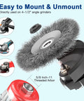 12 Piece Wire Wheel Brush Set For Four And A Half Inch Angle Grinders With Five Eight Eleven UNC Arbor showing assembly on grinder