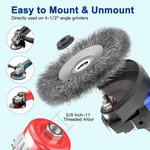 12 Piece Wire Wheel Brush Set For Four And A Half Inch Angle Grinders With Five Eight Eleven UNC Arbor showing assembly on grinder