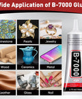 Clear 110ml Precision Tip Glue 4 Pack For Rhinestones Nails Jewelry Shoes And Crafts DIY Fast Drying Strong Hold Dries Clear Ideal Bedazzling Glue For Nail Art And Jewelry Making shown with application examples on various materials.