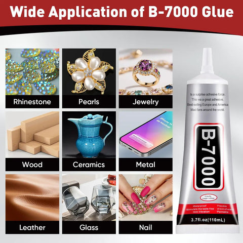Clear 110ml Precision Tip Glue 4 Pack For Rhinestones Nails Jewelry Shoes And Crafts DIY Fast Drying Strong Hold Dries Clear Ideal Bedazzling Glue For Nail Art And Jewelry Making shown with application examples on various materials.