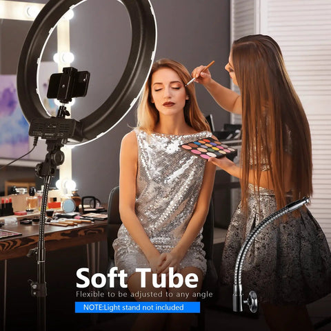 Makeup session with dimmable 18 inch LED ring light with 55W output 5500K daylight, soft tube showcased