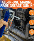 Manual Mini Grease Gun Kit With Pistol Grip for Marine Wheel Bearings, showcasing 3 oz cartridge in use on machinery